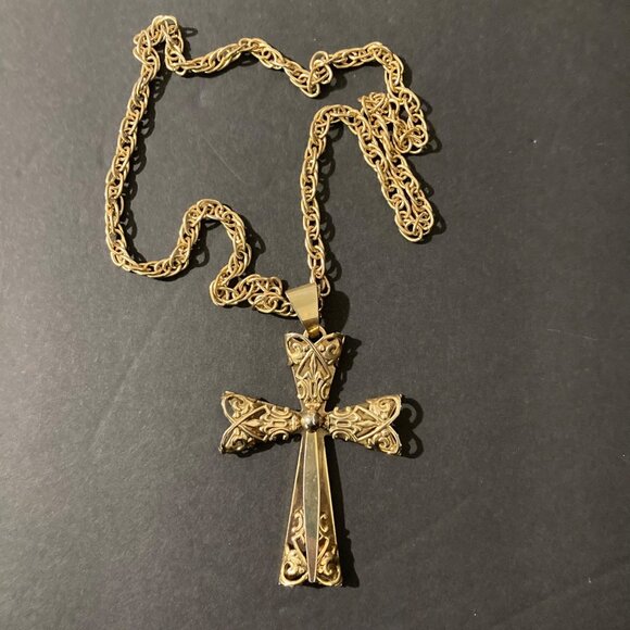 Large Gold-Tone Ornate Cross Pendant Necklace - Picture 2 of 4
